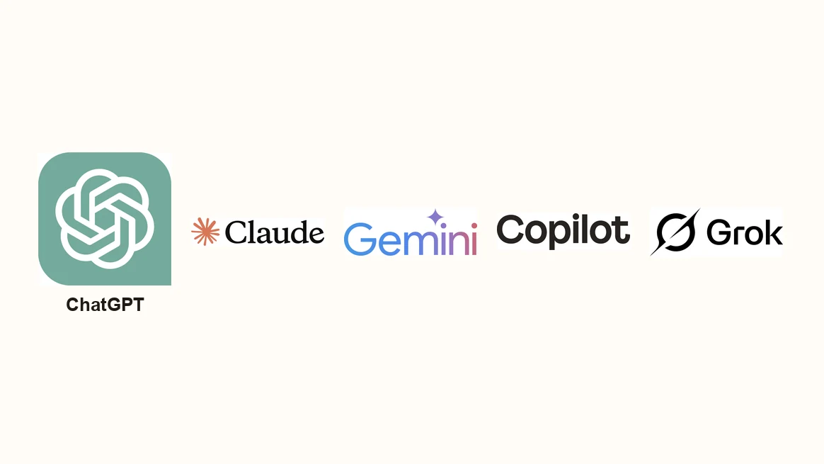 The logos of ChatGPT, Claude, Gemini, Copilot and Grok in a row.
