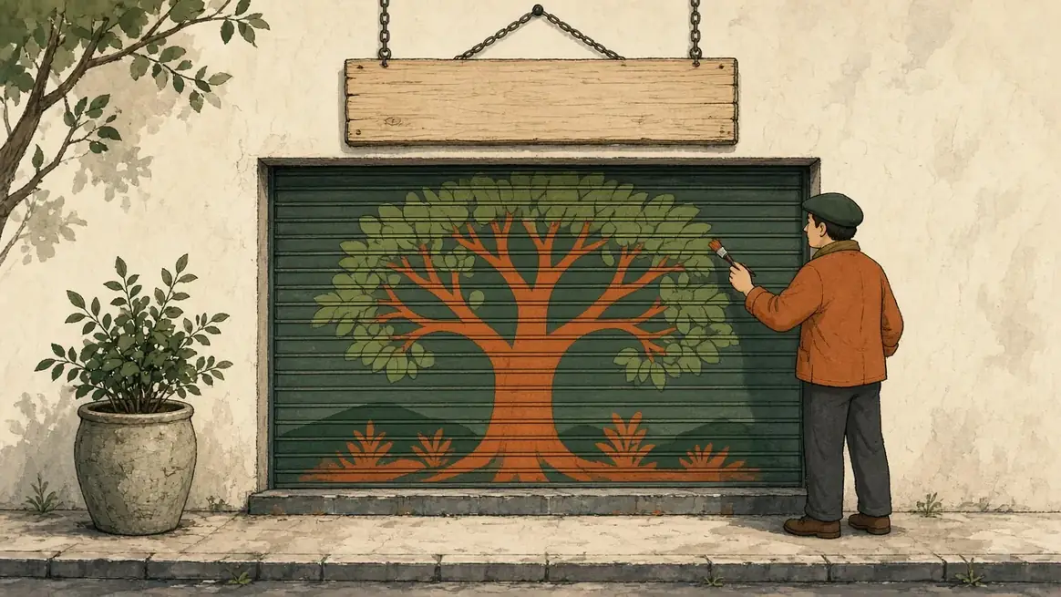 A painted shutter with a blank wooden signboard hanging above it, a person holding a small brush.