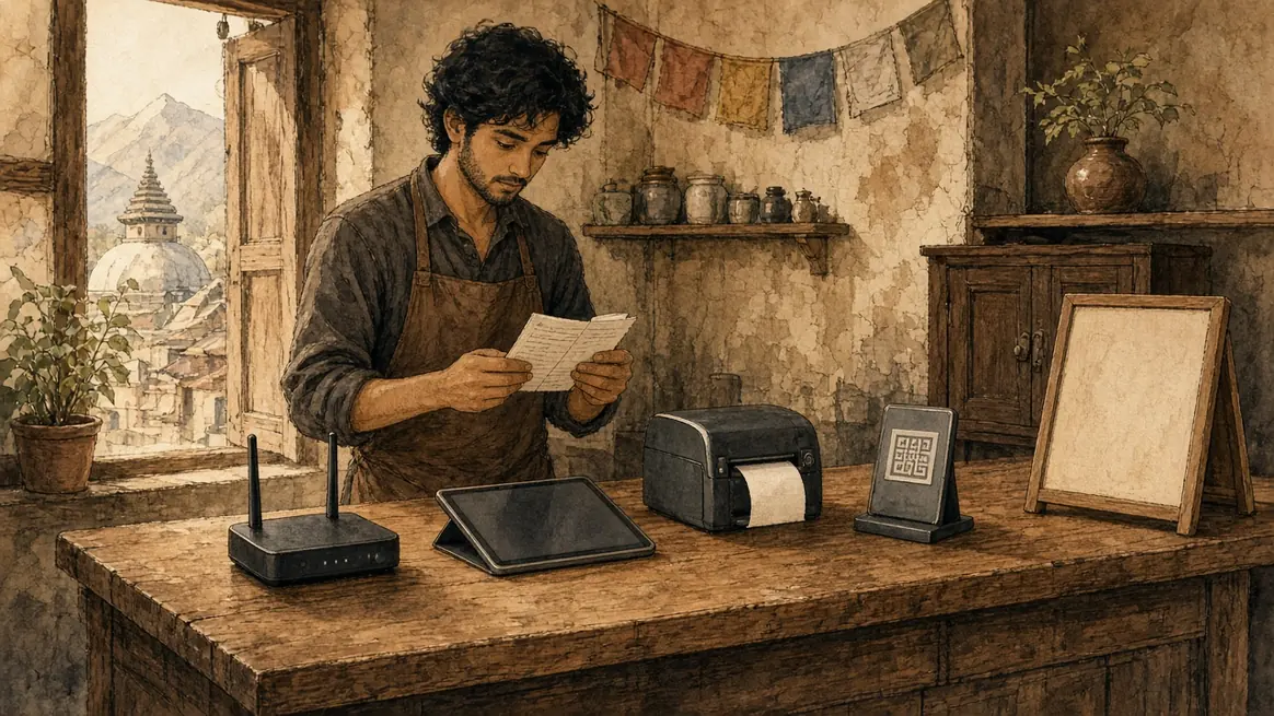 An empty cafe counter with a router, a tablet, a printer, a QR stand, and a blank menu board.