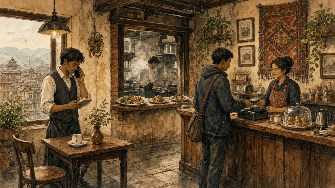 A cafe in one room: an order at the table, plates at the kitchen pass, and payment at the counter.