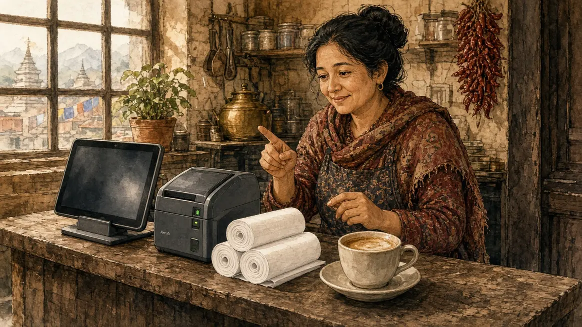 A small cafe counter with a tablet on a stand, a thermal printer, paper rolls, and a cup of coffee.