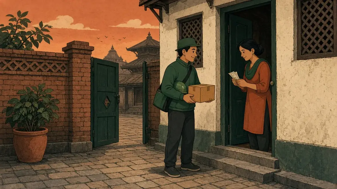A delivery rider at a courtyard gate holds a parcel while a customer at the door holds folded cash.