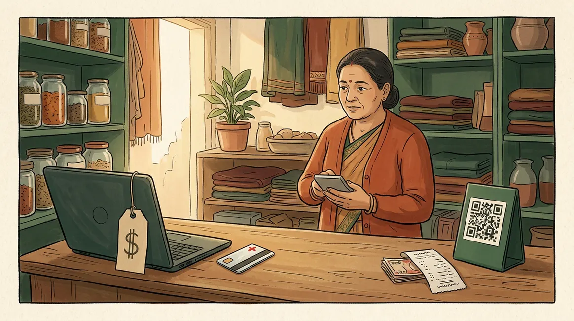 A shopkeeper behind her counter, thinking. At one end a laptop with a dollar price tag and a bank card marked with a red cross; at the other a QR stand, rupee notes and a printed bill.