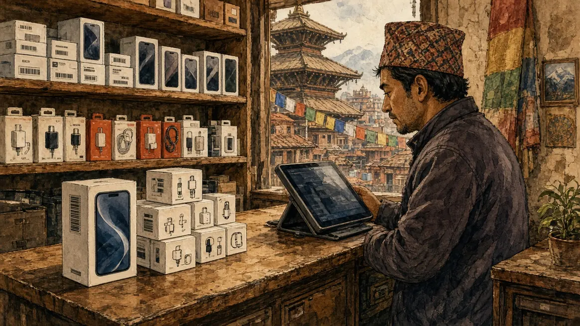 An electronics shop, boxed phones on the shelves and a tablet till, with a serial sticker that cannot be read as digits.