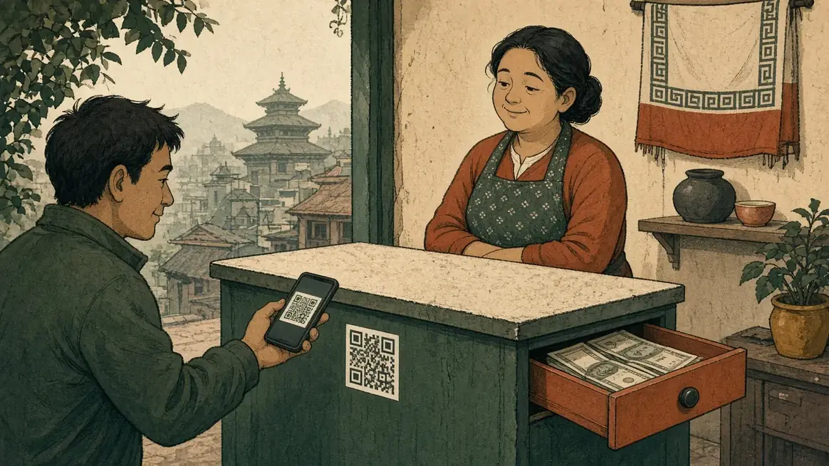 A customer holds a phone toward a single neat QR sticker on a small Kathmandu till.