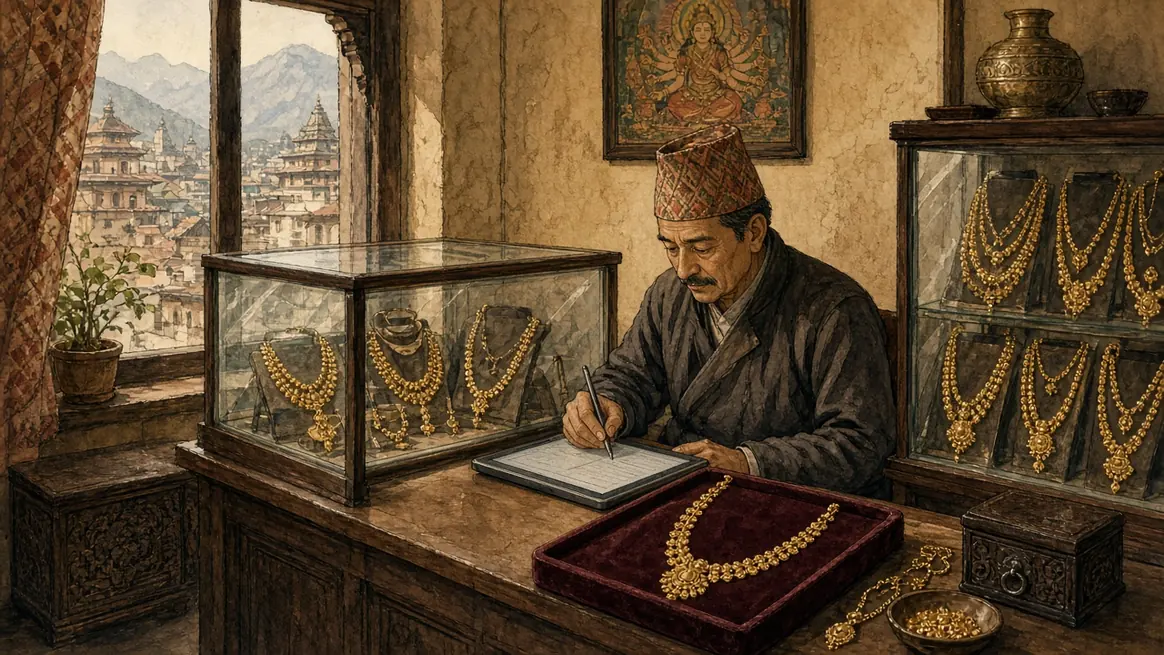 A quiet jewellery shop, glass cases, a velvet tray, and a tablet used as a careful ledger.
