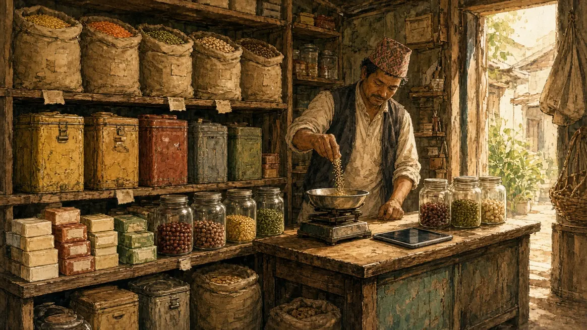 A narrow kirana, jars and tins on the shelves, a small tablet beside the scale.