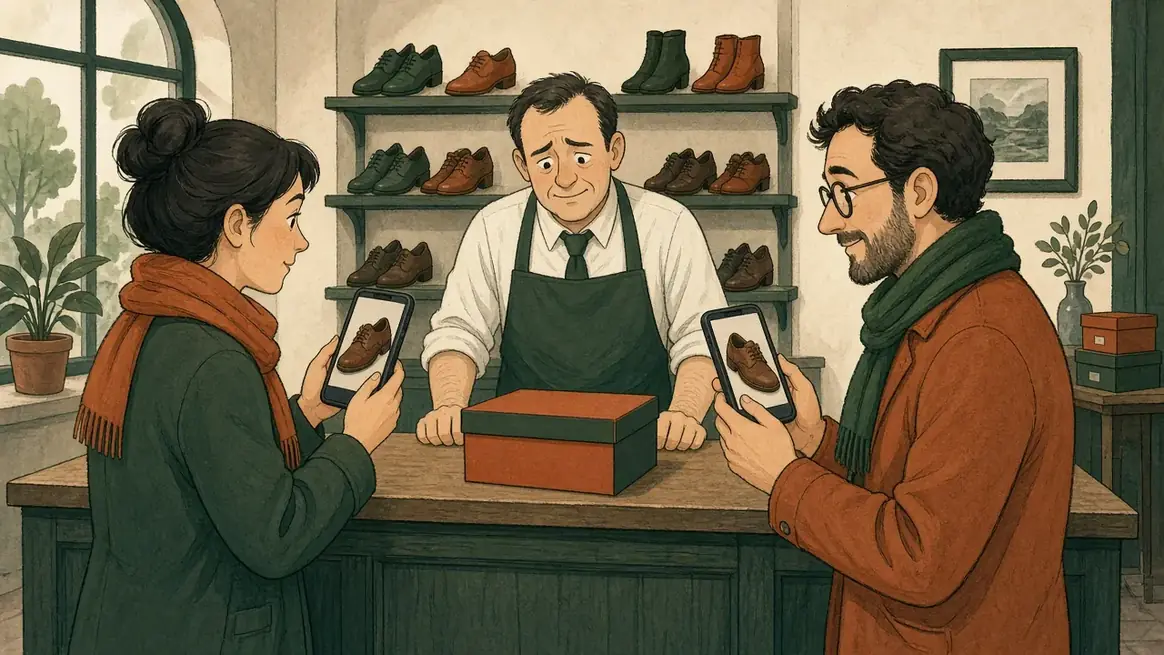 Two customers reach for the last shoebox on a counter while the shopkeeper stands trapped in the middle.