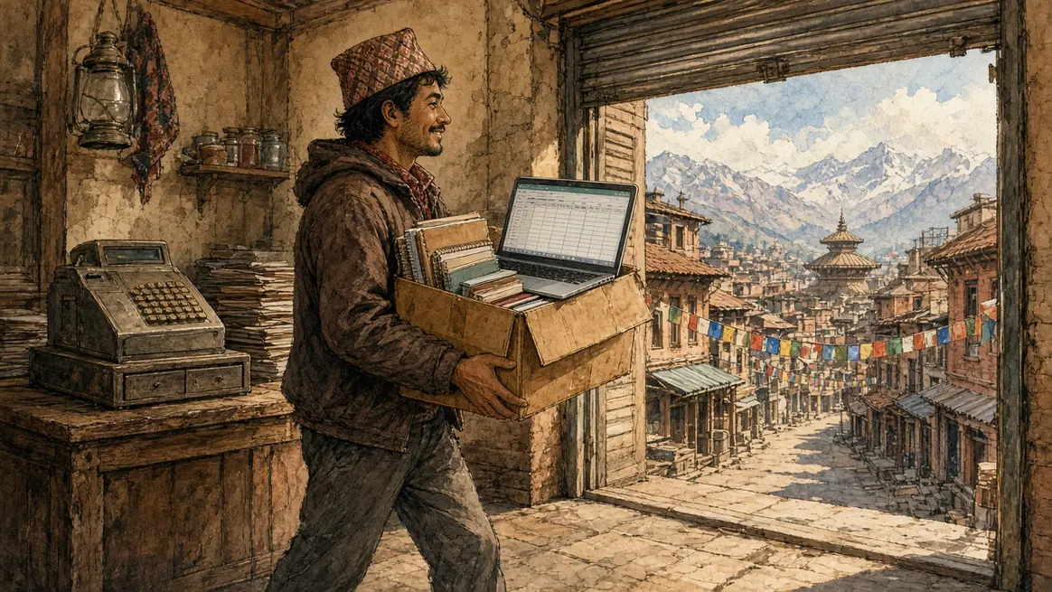 A shopkeeper carries notebooks and a laptop toward an open shutter, leaving an old register behind.