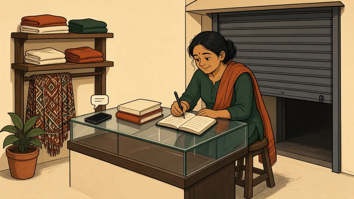 A shopkeeper writes in an open notebook at a glass counter after the shutter is down, two more notebooks and a phone beside her.