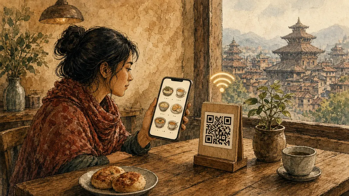 A customer at a cafe table scans one stand, and the phone shows a menu of food while a wifi mark glows nearby.