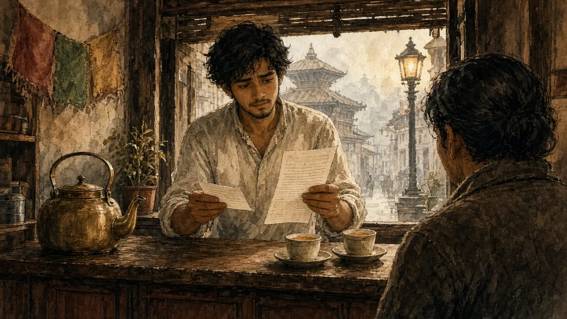 A cafe owner at a wooden counter holds two slips, unsure which to hand over, with tea and a brass kettle beside her.