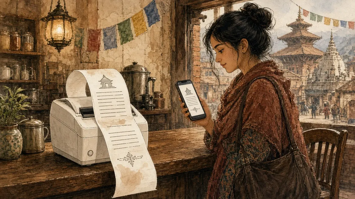 A thermal receipt curls out of a printer while the customer looks at the same bill on a phone.
