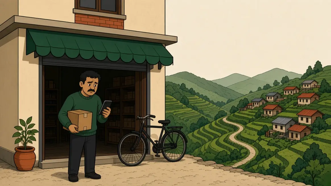 A shopkeeper holds a taped box and a phone, with hills behind the shutter suggesting a long road.