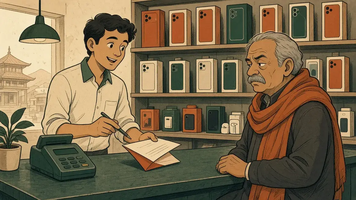 A salesman demonstrates a till machine and a folded quote to a shop owner at a New Road counter.