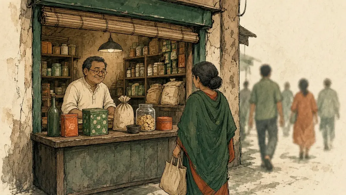 A shopkeeper already has a regular's usual items on the counter as they walk in. Other faces are a blur.