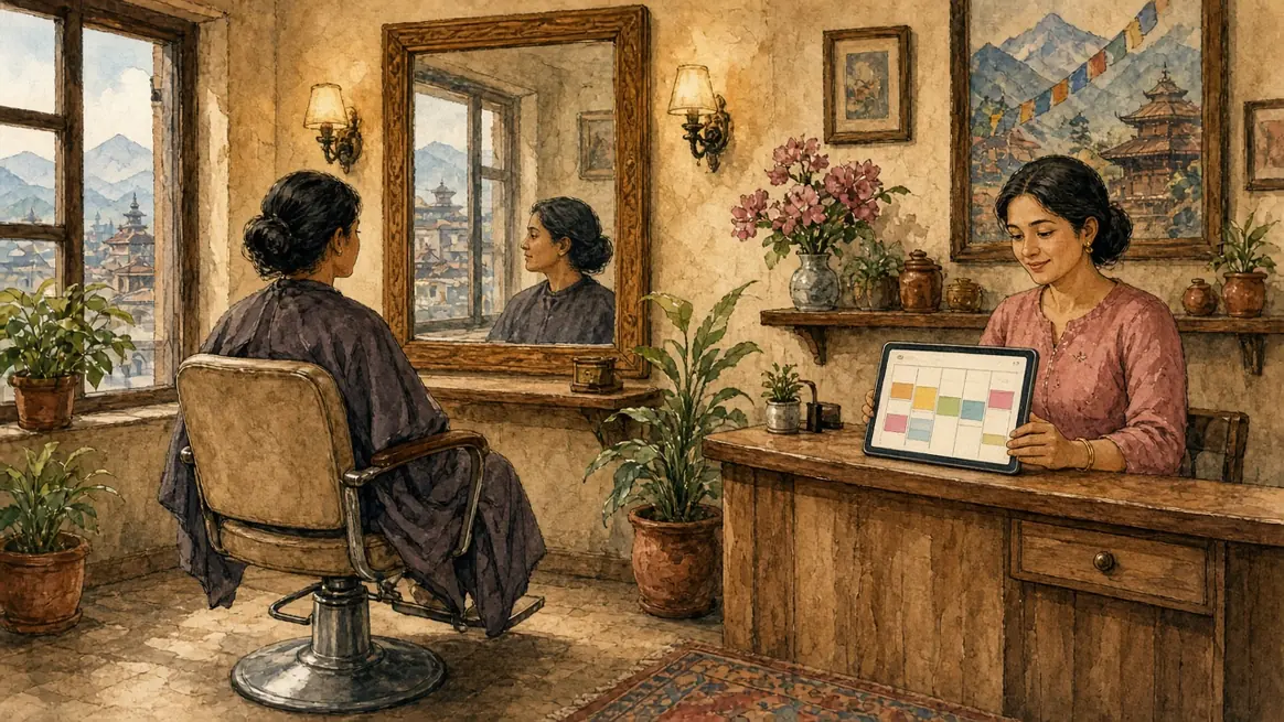 A small Kathmandu salon, one chair, a mirror, and a tablet of coloured appointment blocks.