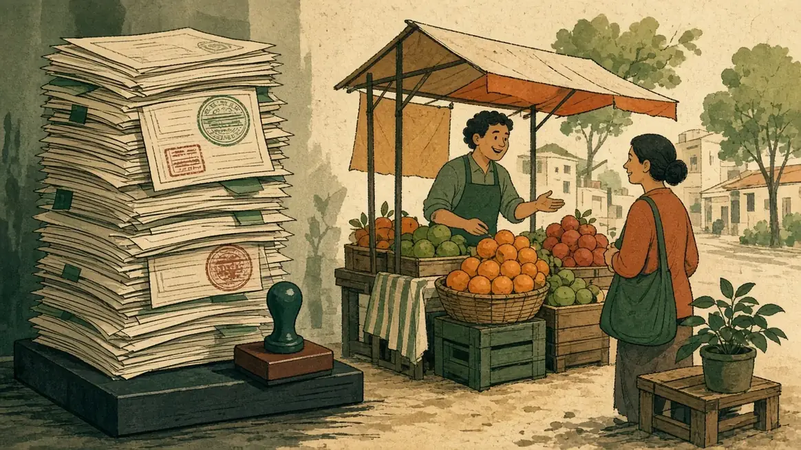 A tall stack of stamped papers on one side, a person selling fruit from a street stall on the other.