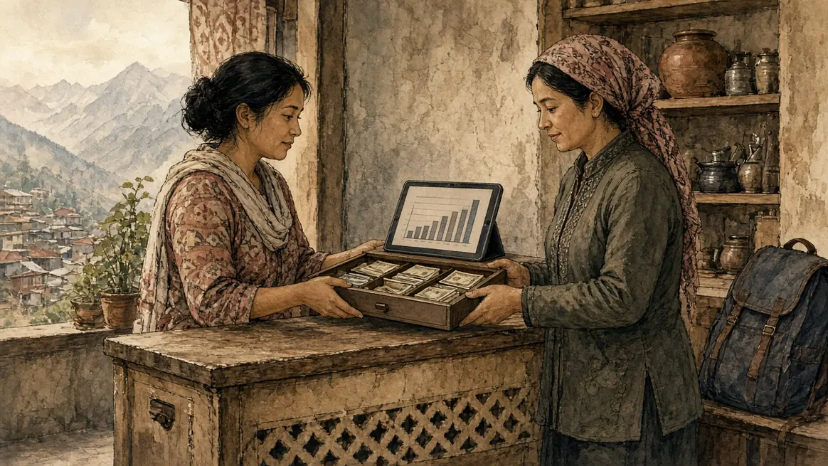 Two staff at a counter hand over a counted drawer, with a tablet showing the day's takings.