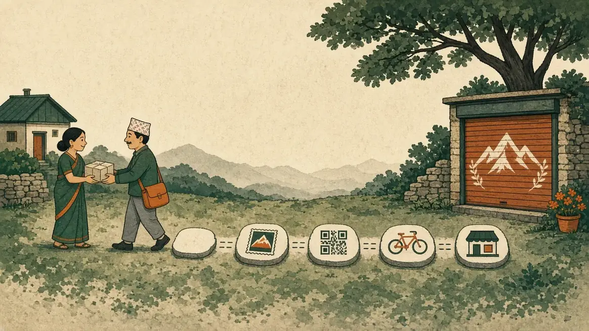 A shopkeeper walks six stepping stones, starting with handing a parcel to a neighbour and ending at their own shutter.