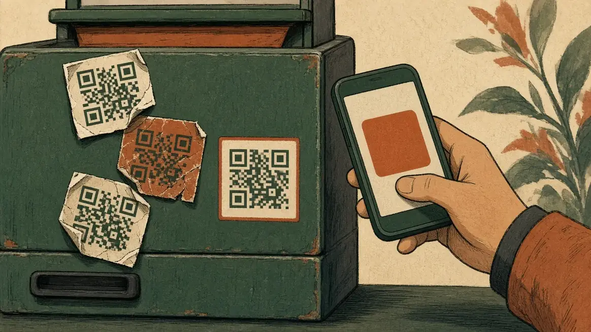 Three peeling QR stickers on the side of a till, and a newer neat square, with a phone approaching.