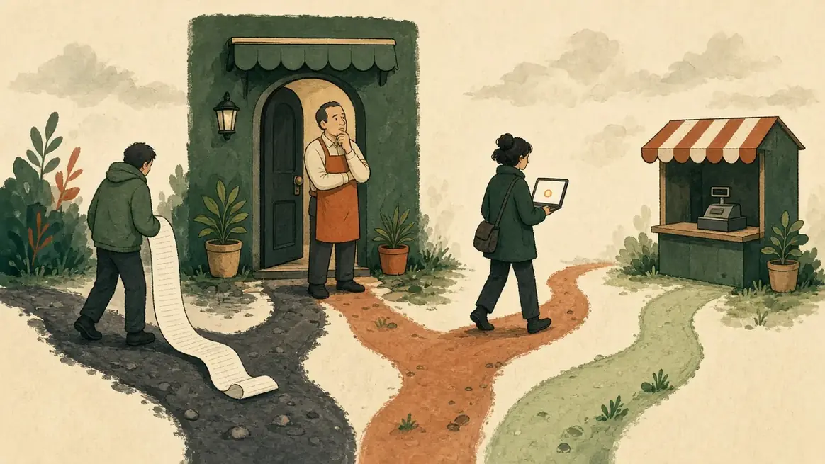 A shopkeeper at the door facing three paths: a long invoice, a lone laptop, and a shop that already has a till.