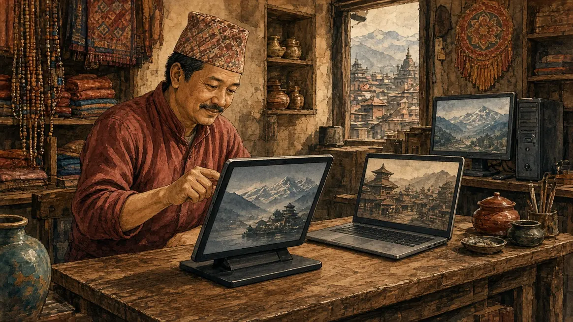 A tablet on a stand in front, a laptop beside it, and a desktop further back, on a Nepali counter.