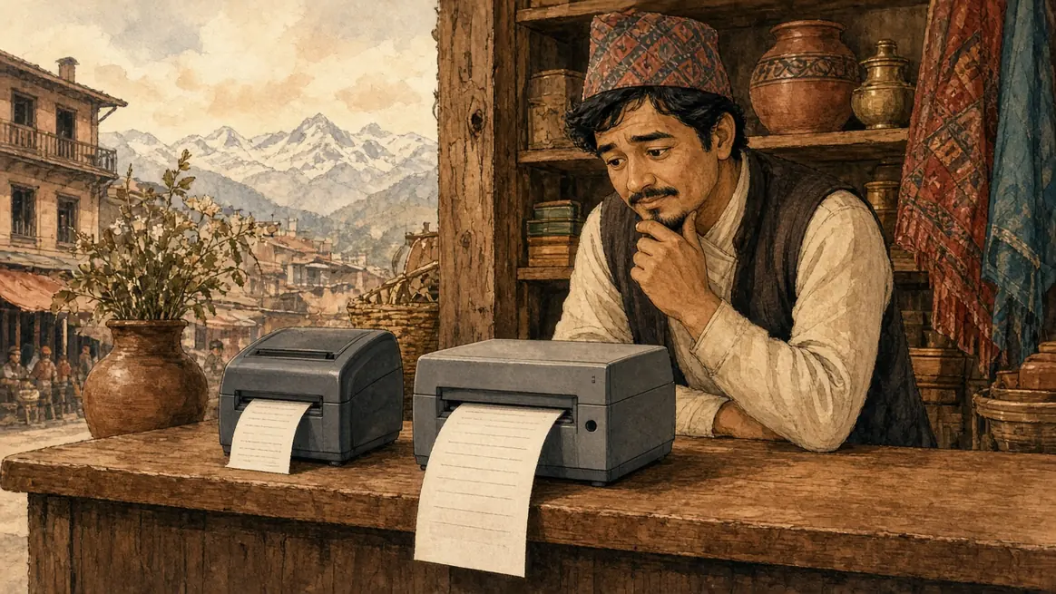A narrow thermal printer and a wider one on the same counter, each with a receipt coming out.