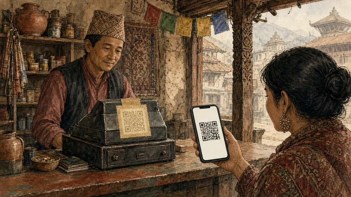 A faded QR sticker on a till, and a phone held up with a fresh code for the customer who is paying.
