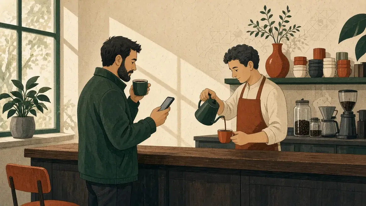 A man stands at a cafe counter with black coffee and a phone. The barista is already pouring his usual.