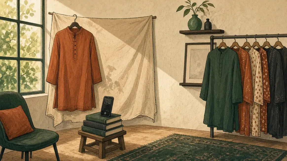 A kurta hung against a plain cloth beside a window, with a phone on a stand in front of it.