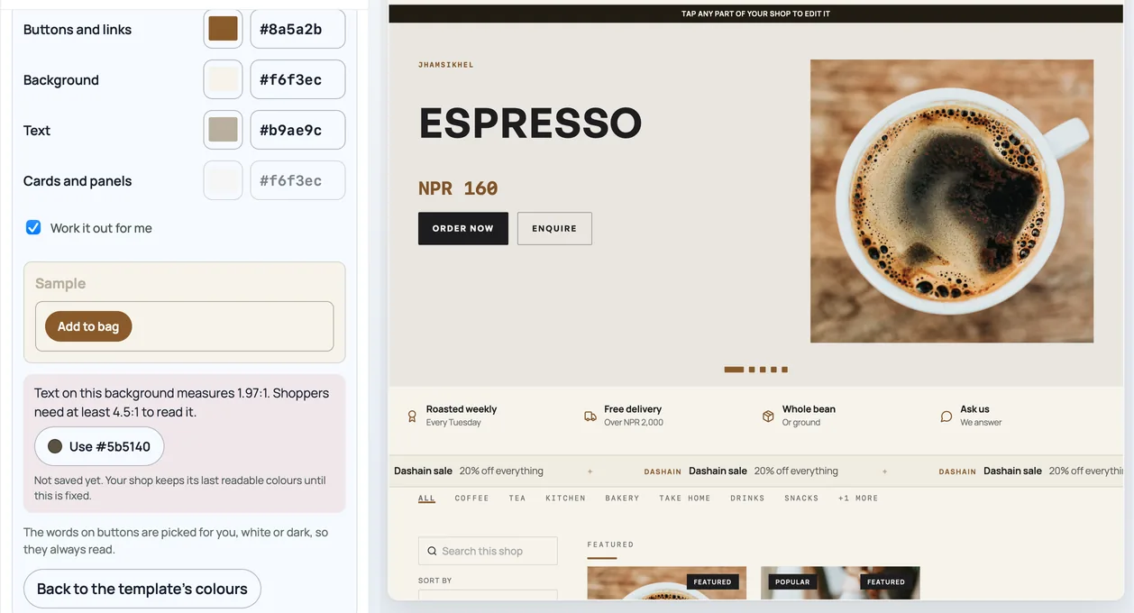 The Design tab's custom colours: pale grey text on a cream background is refused with "measures 1.97:1, shoppers need at least 4.5:1", a Use #5b5140 button, and the shop preview still in its last readable colours.