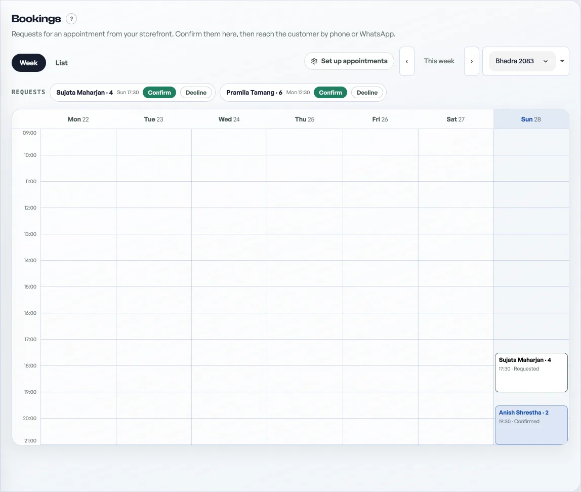 A week view of the bookings diary in Pasal. Two requests wait at the top with confirm buttons beside them. In the grid, confirmed appointments are filled in green and requested ones sit in plain outlines, each showing the customer name, the party size and the time.