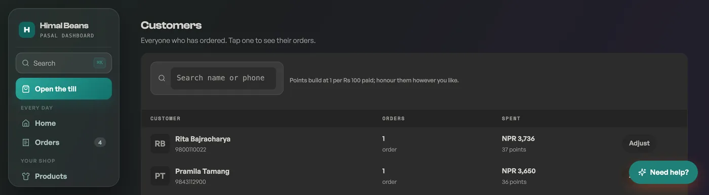 The Customers tab listing repeat customers
