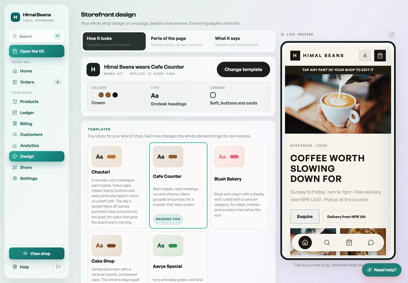 The Design tab with template cards and the live preview