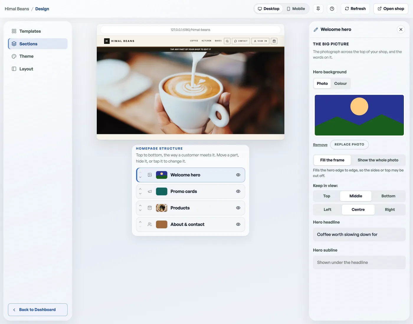 The Design tab with template cards and the live preview