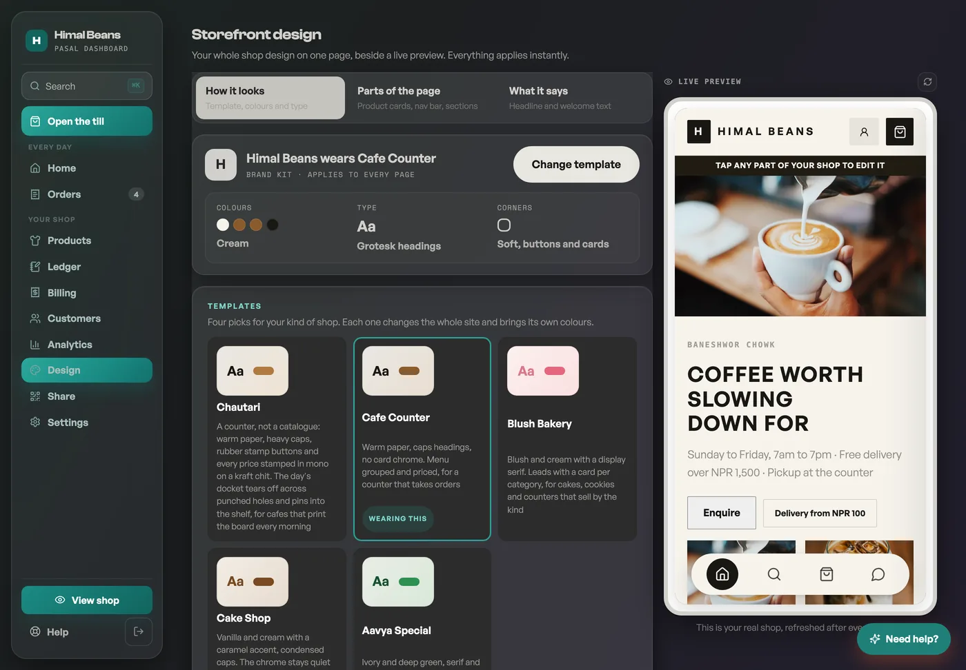 The Design tab with template cards and the live preview