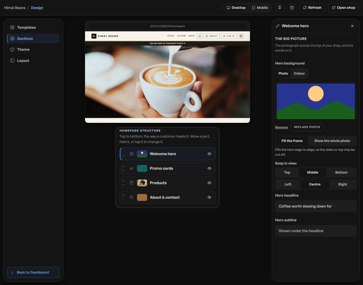 The Design tab with template cards and the live preview