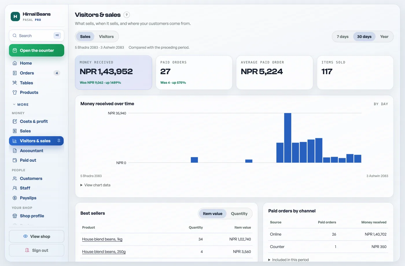 Visitors & sales in Pasal, using demo shop data