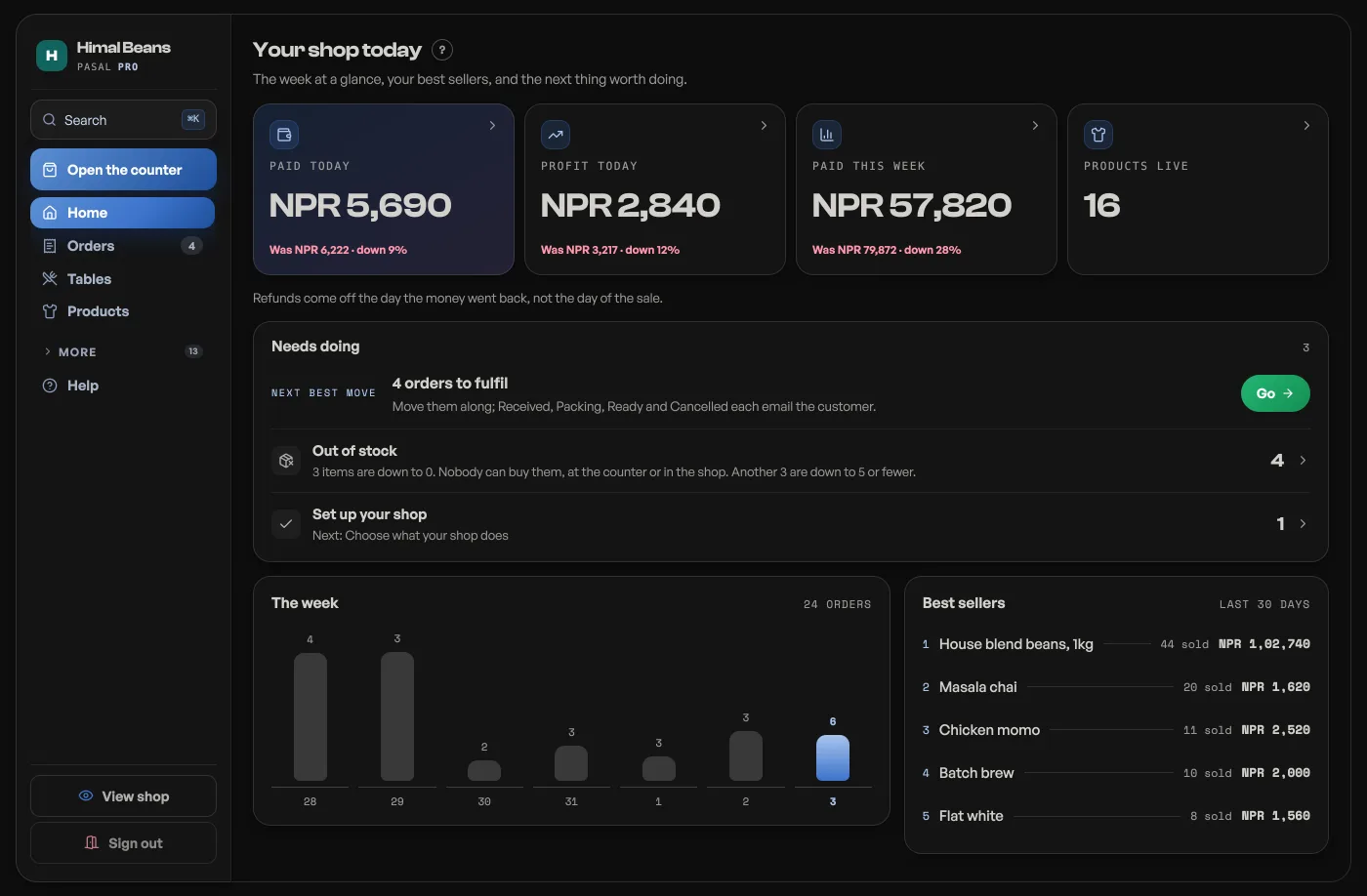 Dark mode in Pasal, using demo shop data