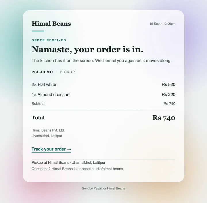 Order emails in Pasal, using demo shop data