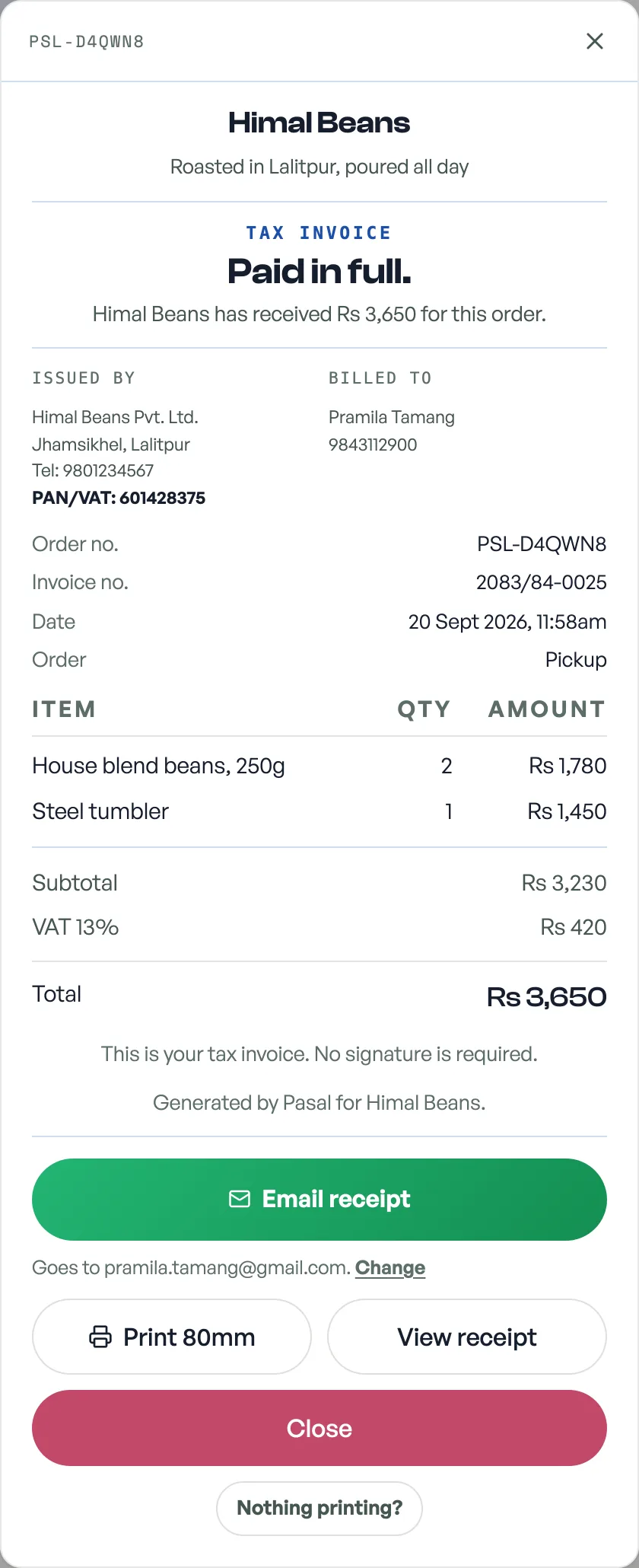 Receipts in Pasal, using demo shop data