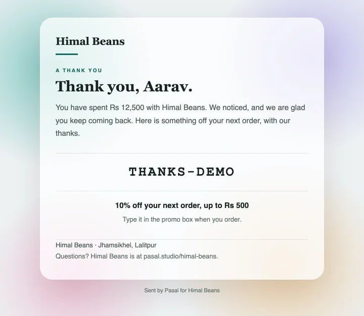 Thank-you emails in Pasal, using demo shop data