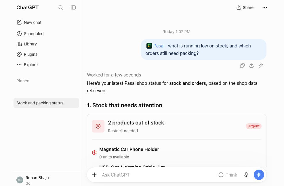 ChatGPT answering the same question about stock and packing through the Pasal plugin.