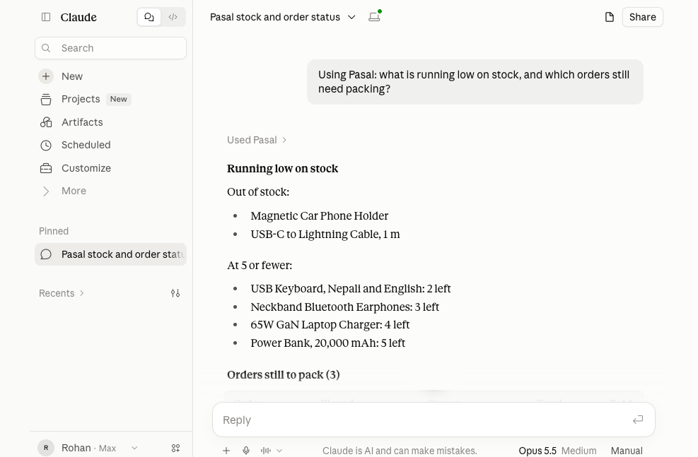 Claude answering "what is running low on stock, and which orders still need packing?" with a list of out-of-stock and low items from a Pasal shop.