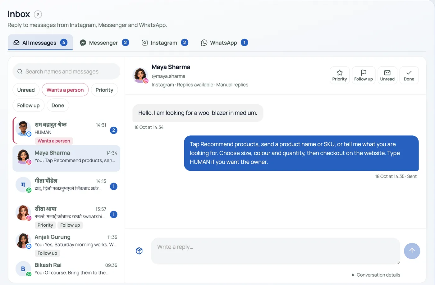An inbox with All messages, Messenger, Instagram and WhatsApp tabs, a list of example customers, and one conversation open with the reply box and the product button.
