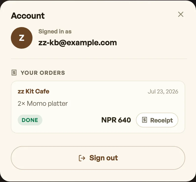 A signed-in customer account showing past orders