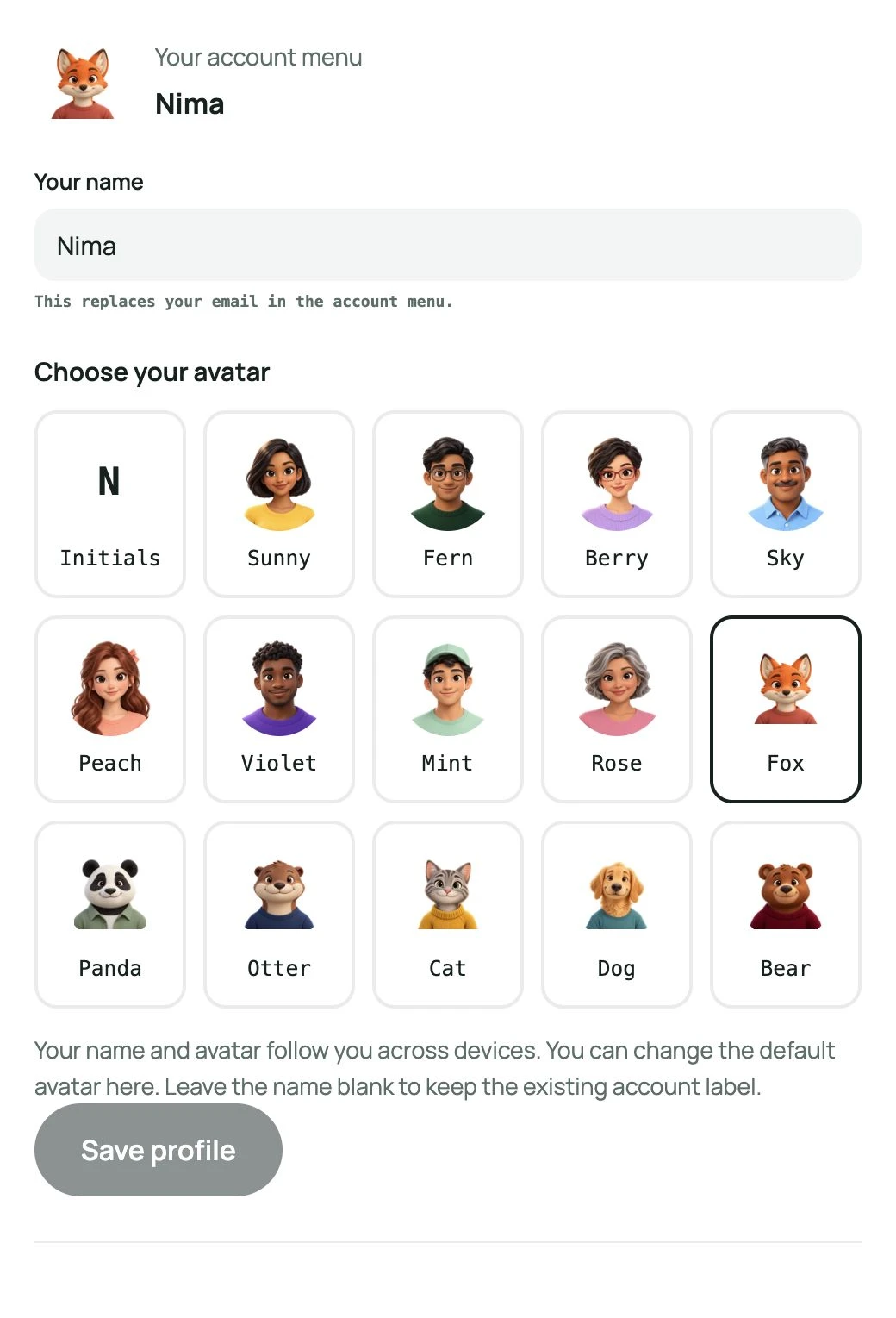 Account profile with a display name and fourteen portrait choices in an example shop