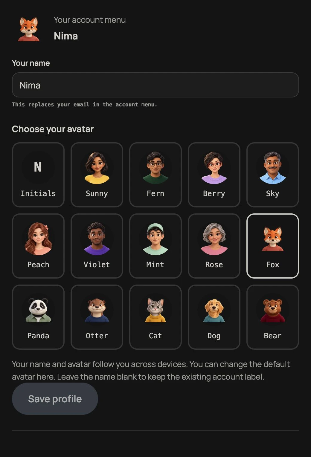 Account profile with a display name and fourteen portrait choices in an example shop