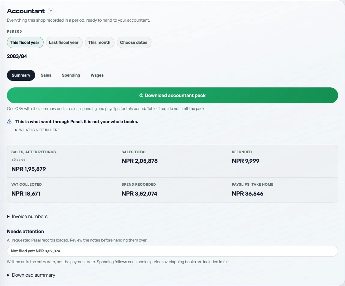 For your accountant: the period picker, money rows, the invoice line and Download summary